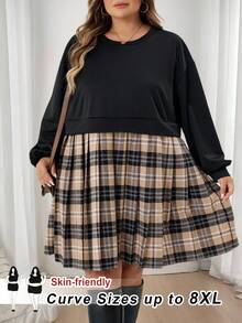 SHEIN CURVE+ Vestido de Moletom com Mangas Longas e Estampa Xadrez em Patchwork para Mulheres Plus Size, Adequado para Outono/Inverno