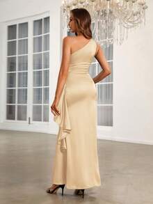 SHEIN Belle Adult Bridesmaid Dress With Pleated Details, Ruffle Overlay, One Shoulder Strap - Khaki - View 2