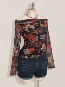 SHEIN ICON Áo thun lưới hở vai in họa tiết cổ điển Y2K cỡ lớn, dây rút bên hông - Nhiều màu - Xem 6