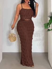 Veslaya 2025 New Sexy/Vacation/Elegant Sleeveless Hollow-Out Cropped Top And Bodycon Maxi Skirt Set - Brown - View 6