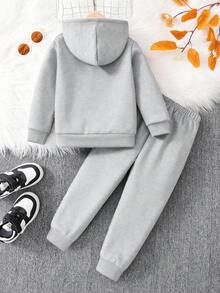 2 件套小男孩休闲鳄鱼和飞机印花连帽衫和裤子套装，卡通图案秋冬装 - 灰色 - 查看 2