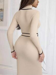 Xyvia Contrast Binding Turtleneck Belted Sweater Dress Fall Winter Cloth For Women - Apricot - View 2