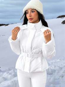 SHEIN PETITE Women's Outdoor Warm Long Sleeve Cinched Waist Winter Coats - White - View 5