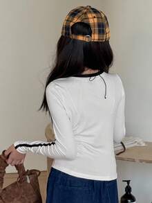 DAZY Tween Girls Crew Neck Fitted Knit Printed T-Shirt, Fall Long Sleeve Tops Women - White - View 5