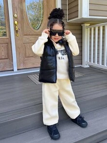 SHEIN 年轻女孩可爱休闲连帽运动衫和羊毛背心两件套，适合秋冬季 - 黑色 - 查看 4