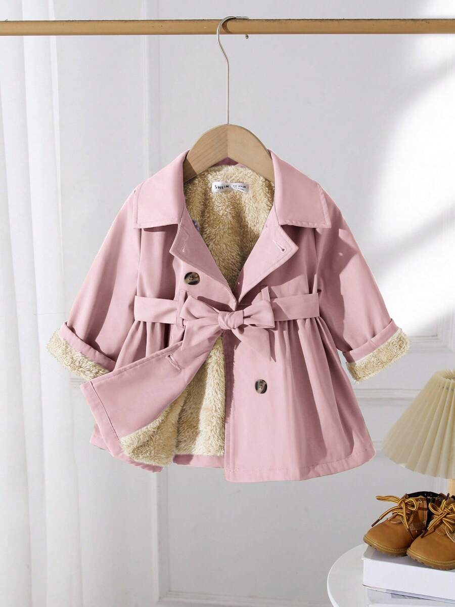 SHEIN Baby Girl Pink Thermal Lined Long Cardigan With Lapel Collar, Autumn/Winter - Pink - View 1