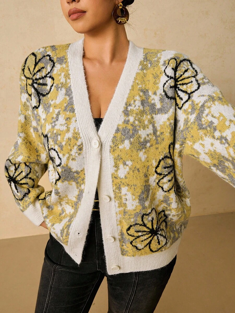 Travachic Plus Size Cardigan Sweater, Women's Winter Sweater Fall Clothes For Women, New Year Outfit, Thanksgiving Outfit For Women, Elegant Women's Blouses, Casual Blouses For Women, Brown Top Warm And Comfortable Sweater, Yellow Floral Patterned Knitted Jacket Containing Wool