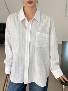 DAZY Áo sơ mi nữ dáng rộng kẻ sọc thường ngày đi học tay dài - trắng - Xem 2