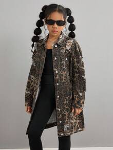 Tween Girls' Y2k Fashion Cool Leopard Print Denim Lapel Long Sleeve Distressed Ripped Long Jacket Fall Winter,For Girls Fall/Winter Dailywear Costume,Girls Streetwear Outfits,Halloween And Christmas Outfits,Girls Winter Jacket,Teen Jacket,Winter Clothes