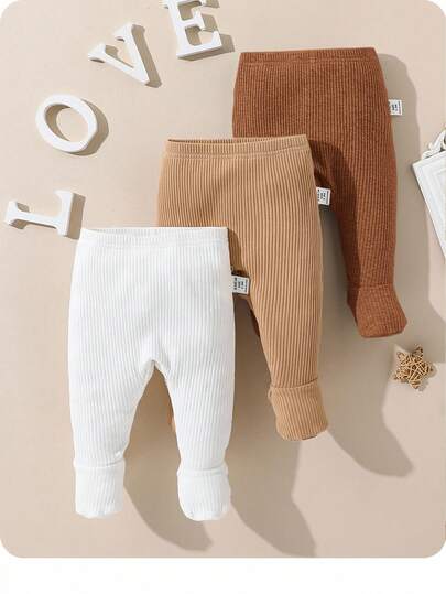 SHEIN 3pcs/Set New Born Baby Boy & Girl Casual Simple Solid Color Elastic Knitted Leggings, Comfortable