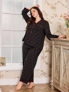 SHEIN Plus Size Women's Cherry Blossom Print Pajama Set,Black Crinkle Open Front Sleepwear,Autumn Night Curvy Pj Set,Fall Winter Clothes - Black - View 3