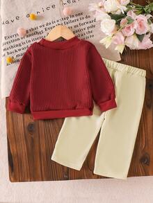 SHEIN Vintaside Kids Baby Girl Blue Knitted 3D Floral Pullover Sweater + Straight Leg Pants Set, Autumn/Winter Fall - Red - View 2