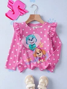 SHEIN | PAW Patrol Young Girls' Cartoon Heart & Cute Puppy Polka Dot Print Knit Round Neck Ruffle Trim Long Sleeve Fitted T-Shirt Fall Winter - Pink - View 3