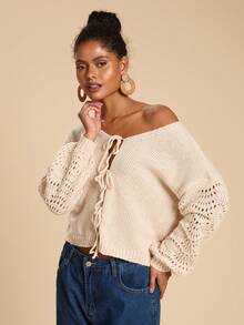 Travachic Cárdigan de mujer de unicolor con hombros caídos y manga larga, con nudo de cordón, para otoño, blusa con cordones, cárdigan de punto, cárdigan de otoño e invierno, para fiesta de Navidad, Año Nuevo, invitada de boda, graduación elegante, baile de gala de lujo, cárdigan casual - Albaricoque - Ver 6