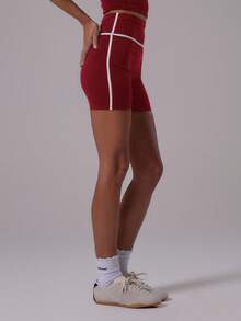 Musera Sport 运动高腰撞色滚边修身短裤活力健身房锻炼夏季 Padel 俱乐部健身房健身 - 酒紅色 - 查看 4
