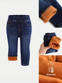SHEIN Baby Girls' Cute Basic Navy Blue Denim Thermal Lined Elastic Skinny Pants, Autumn/Winter Fall,Fall Clothes,Winter Clothes ,Casual And Fashionable Vacation Outfits - Dark Wash - View 1