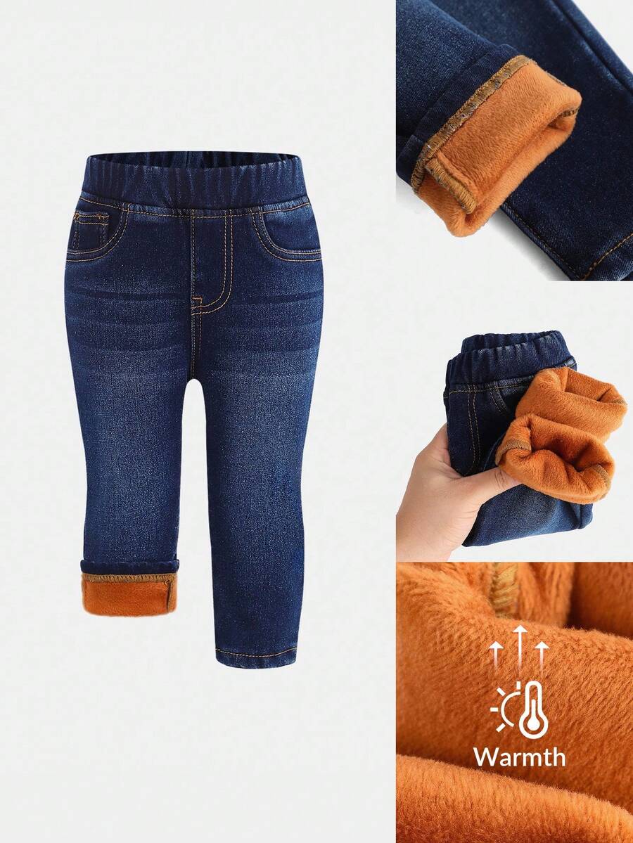 SHEIN Baby Girls' Cute Basic Navy Blue Denim Thermal Lined Elastic Skinny Pants, Autumn/Winter Fall,Fall Clothes,Winter Clothes ,Casual And Fashionable Vacation Outfits - Dark Wash - View 1