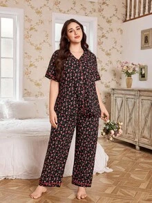 CottageSlumber Plus Size Ditsy Floral Ruffle Collar Open Front Pajama Set - Multicolor - View 6