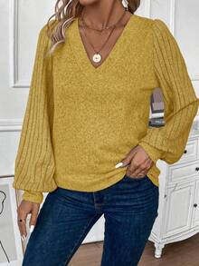 EMERY ROSE Áo thun tay đèn lồng màu trơn cỡ lớn, đa năng cho mùa thu - Màu vàng - Xem 5