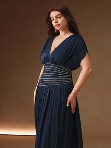 Anewsta Vestido Longo Mulheres Plus Size Decote em V Manga Curta com Contas, Corrente, Franzido na Cintura, Costas Abertas e Amarração, Elegante e Sofisticado, Adequado para Outono, Festas, Casamentos, Ano Novo