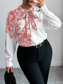 Elenzga Plus Size Random Print Tie Collar Elegant Office Long Sleeve Shirt - Red and White - View 5