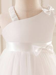 Glamorique Kids 女婴优雅可爱高贵单蝴蝶结腰身修身缎面网纱蓬蓬裙，秋冬派对礼服 - 白色 - 查看 4