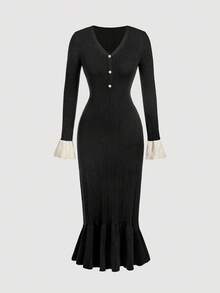 SHEIN MOD Women's Black & White Contrast Color Ruffle Sleeve Knit Dress In Fall/Winter - Black - View 1
