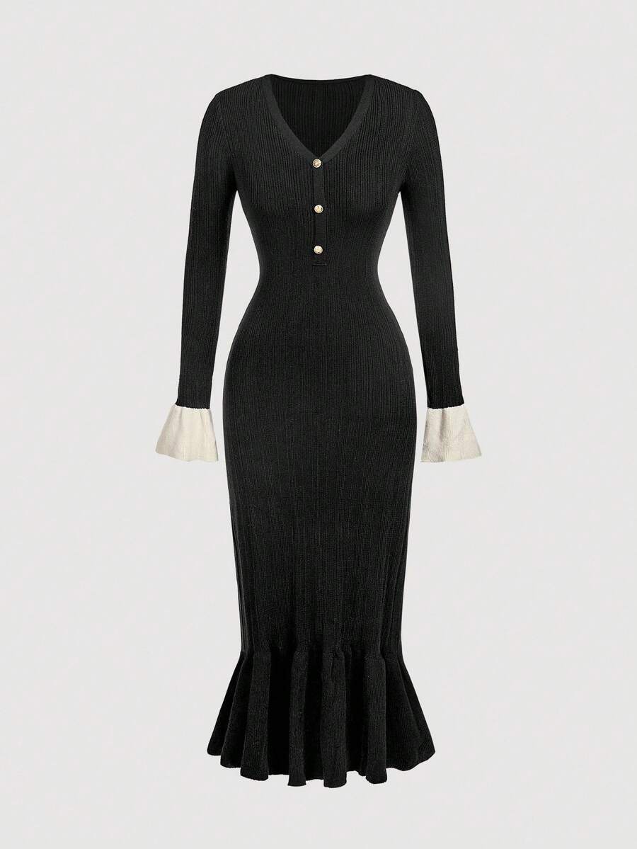 SHEIN MOD Women's Black & White Contrast Color Ruffle Sleeve Knit Dress In Fall/Winter - Black - View 1