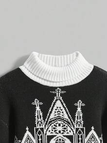 ROMWE Goth 哥特式黑暗万圣节高领城堡十字灯笼袖女式毛衣 - 黑色 - 查看 4