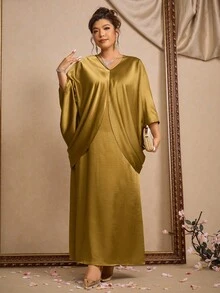 Cravure 聖誕大尺碼女款兩件套，深V寬鬆中袖上衣與緞面吊帶裙，金屬光澤，優雅正式，芥末黃，適合秋季派對宴會 - 金色 - 查看 3