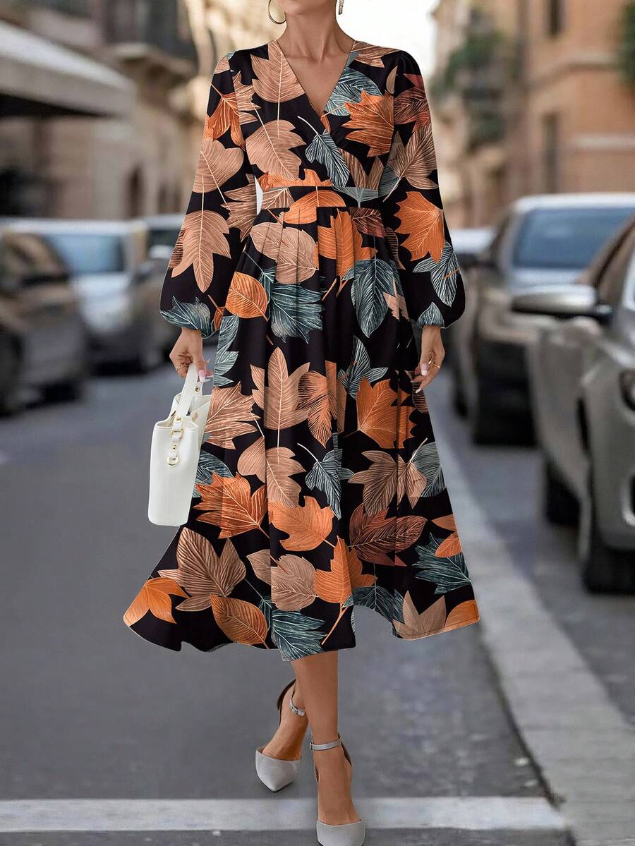 SHEIN Clasi Vintage Maple Leaf V-Neck Long Sleeve Dress For Women, Suitable For Autumn/Winter - Multicolor - View 1
