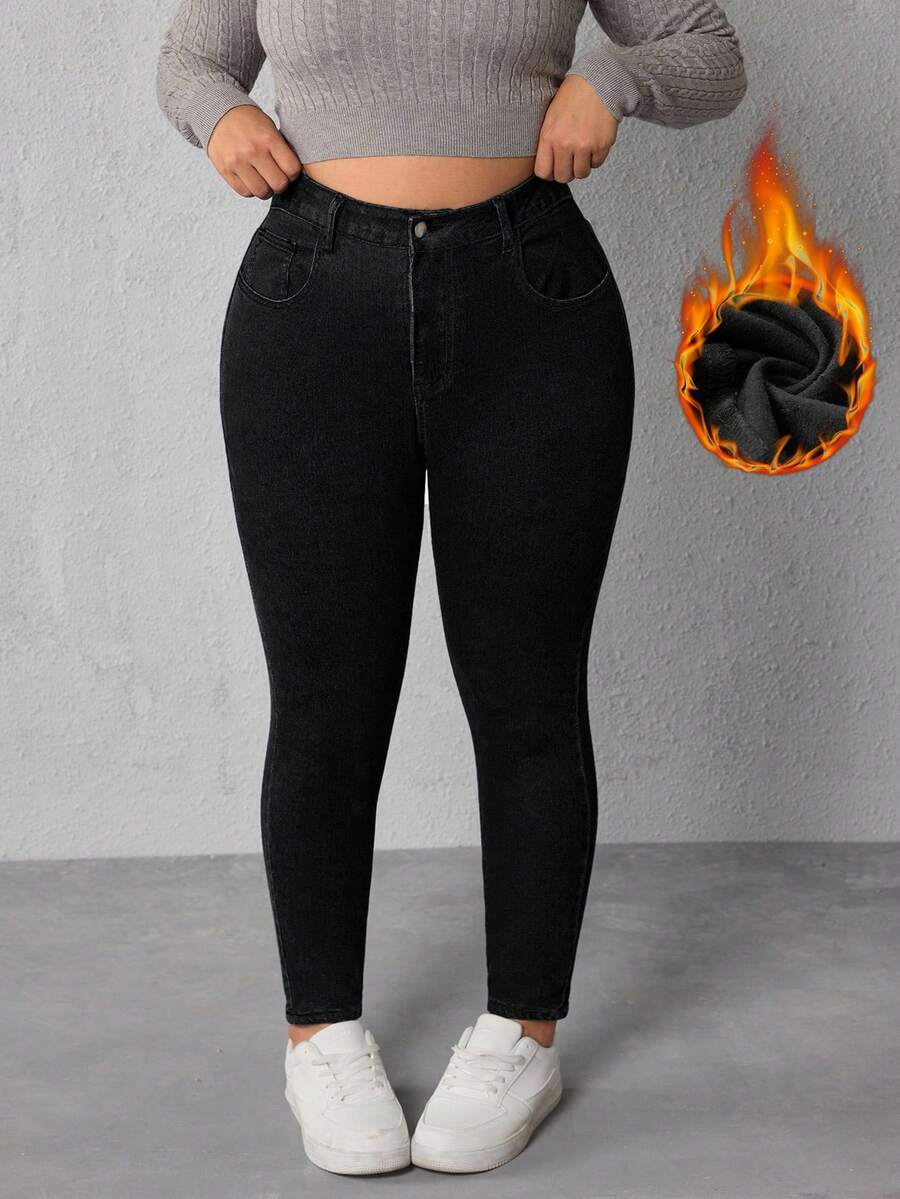 SHEIN ICON 大码休闲纯色修身保暖牛仔裤 - 黑色 - 查看 1