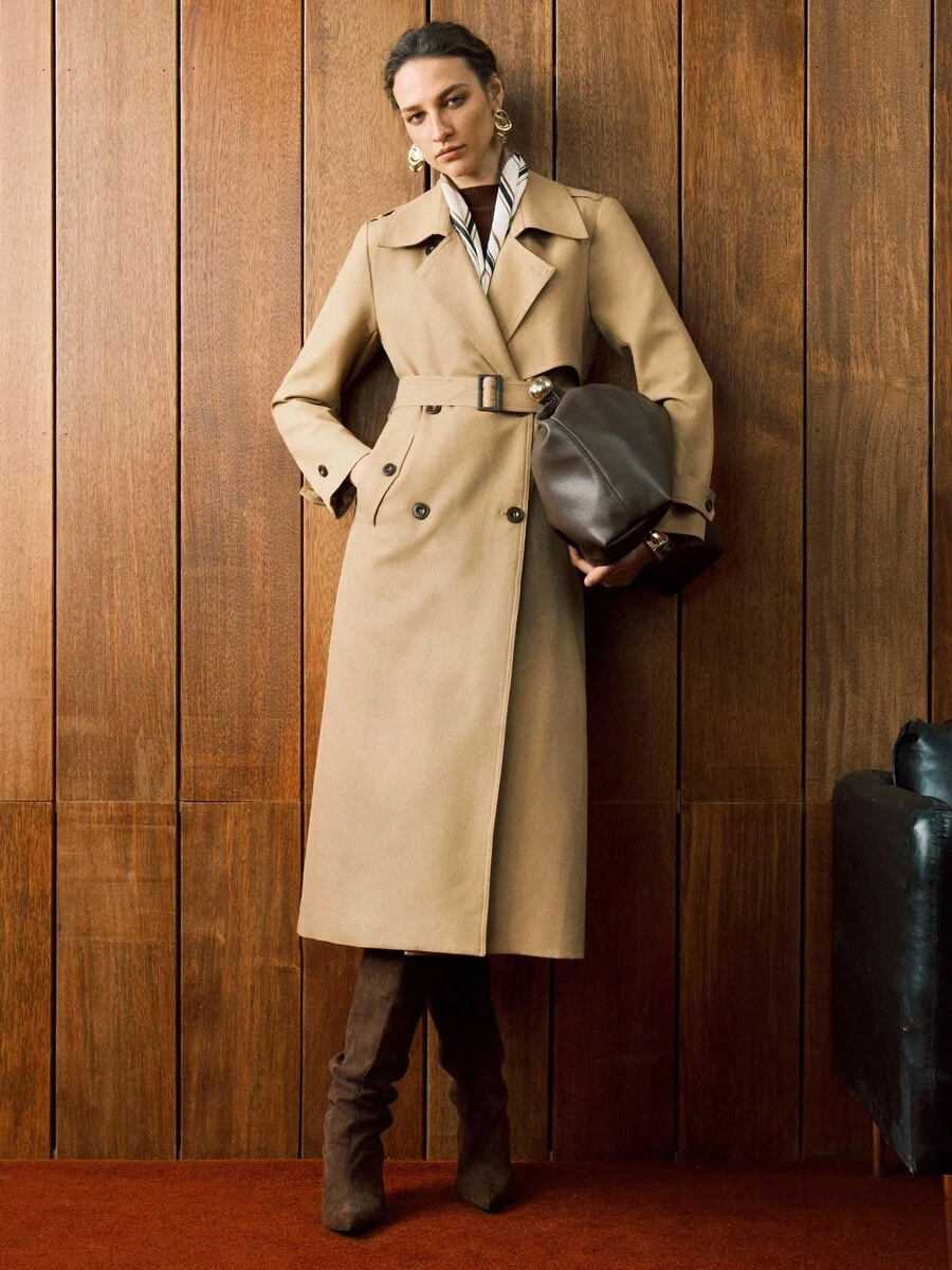 梭织纯色插肩袖收腰半开下摆开衩户外休闲通勤工作服女春秋冬风衣 - 卡其色 - 查看 1