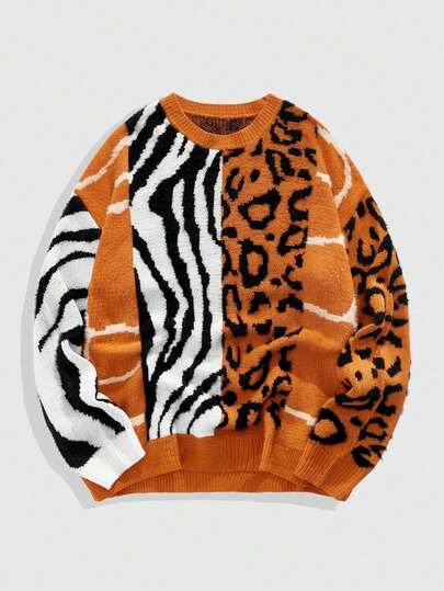 Street Life Men's Round Neck Animal Leopard Print Patchwork Fuzzy Knit Sweater, Fall/Winter