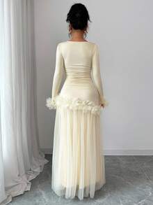 SHEIN PETITE Váy midi ren hoa kiểu Pháp thanh lịch, tay dài, kiểu dáng nhỏ nhắn lãng mạn, mới phổ biến dành cho nữ - Màu be - Xem 2