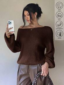 Serisse Fall Women Clothes Off The Shoulder Sweater Women's Casual Solid Color Fluffy Knit Sweater With Blend, Drop Shoulder Ribbed Knit Top For Business Casual, Teacher, Daily, Commute, Outing, 2025 New Autumn Fashion Must - Have, Fall Outfits For Women,Brown Top,Fall,Fall Clothes For Women Winter
