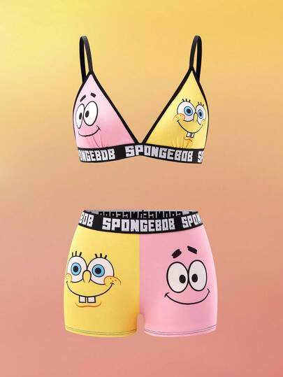 SpongeBob SquarePants | SHEIN Plus Size Comfortable Soft Contrast Cartoon Letter Graphic Bra And Panty Set