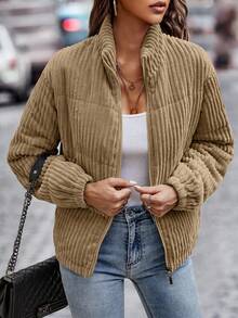 EMERY ROSE Slant Pocket Corduroy Padded Padded Coat Clothes Winter - Khaki - View 5