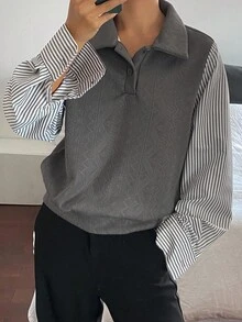 Livesso 女士秋冬保暖内衬卫衣，宽松商务休闲条纹撞色翻领衬衫式保暖内衬 - 灰色 - 查看 2