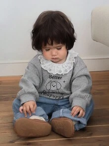 DAZY Baby Girls Lace Patchwork Korean Cartoon Print Long Sleeve Sweatshirt Fall,Winter Toddler Girls Clothes - Grey - View 4