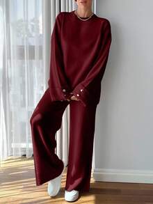 SHEIN Tall Women Button Detailed Sweater And Pant Set - Burgundy - View 5