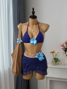 SHEIN Swim 纯色比基尼套装，含罩衫和裙子，适合度假和海滩 - 藏蓝色 - 查看 12