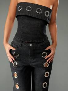 MISSGUIDED Cotton Wide Leg High Rise Black Denim Jeans Metal Eyelet Detail Edgy Gothic Grunge Festival Streetwear Statement Pants Fall Winter Fashion - Black - View 4