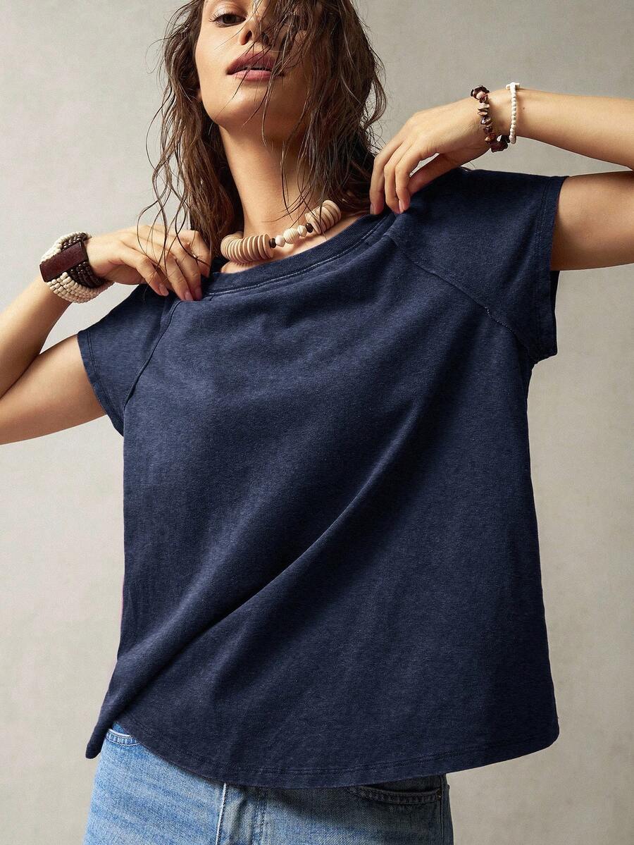 Bohemela 女式休闲纯色短袖T恤，夏季 - 藍色 - 查看 1