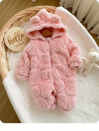 Newborn Baby Girl Cute 3D Ear Fluffy Pink Heart Pattern Zip-Up Hooded Romper, Autumn/Winter