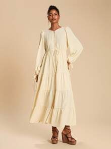 Travachic 度假休闲纯色长袖系带连衣裙 - 杏色 - 查看 2