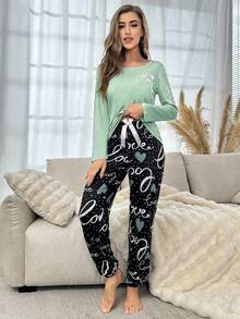 SHEIN Heart & Letter Print Pajama Set, Fall Winter Clothes, Christmas - Green - View 5