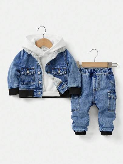 SHEIN Baby Boy 2pcs/Set Cool Warm Stonewashed Cargo Pocket Black Denim Thermal Lined Teddy Jacket And Loose Fit Denim Jogger Jeans,For Baby Boys Indoor/Outdoor Fall/Winter Clothes
