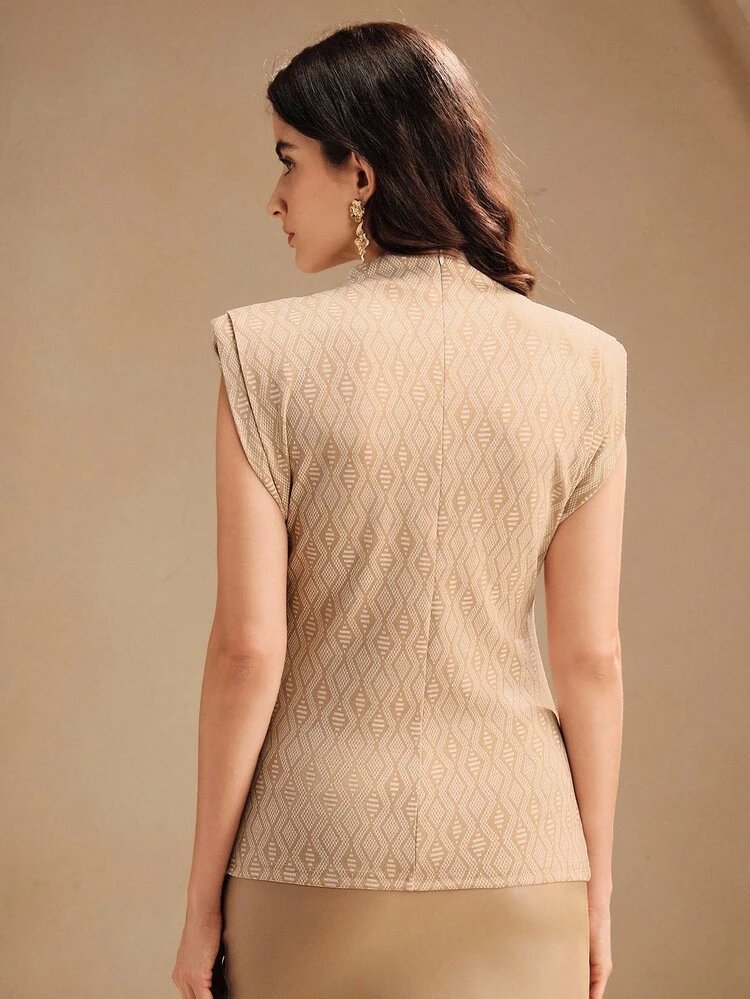 Elegant Commuter Round Neck Sleeveless Zip-Up Top For Women, Apricot Color, Suitable For Summer, Spring, Going Out, Elegant, Formal, Party, Chic, New Year, Christmas, Work, Graduation, Wedding