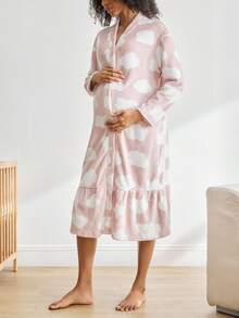 BloomMama Maternity Cloud Print Fleece Nursing Long Sleeve Fluffy Sleepwear Dress, Autumn, Cozy Baby Shower Bridesmaid Maternity Night Dusty Pink Cute Kawaii - Multicolor - View 1